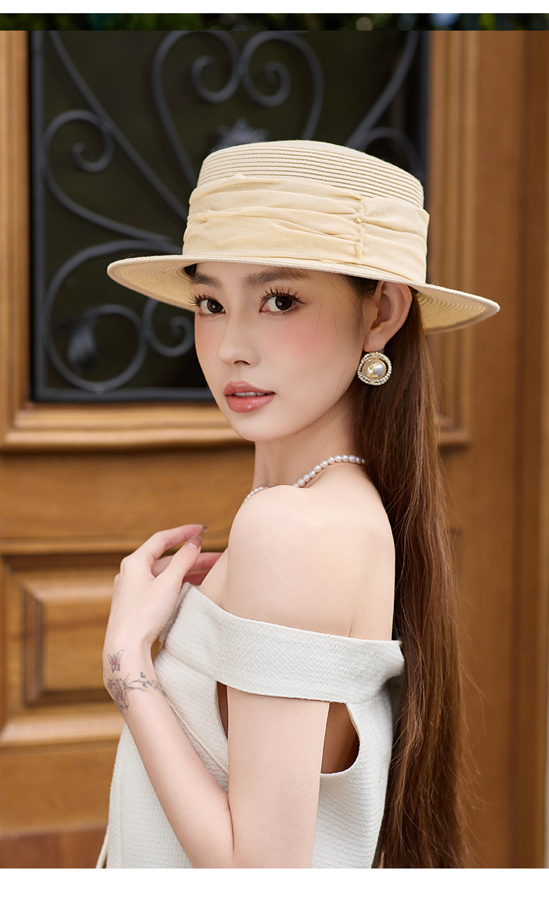 Mũ rơm nữ vành rộng chống nắng UV, phối mùa xuân hè, đi biển du lịch — Màu be chi tiết 8
