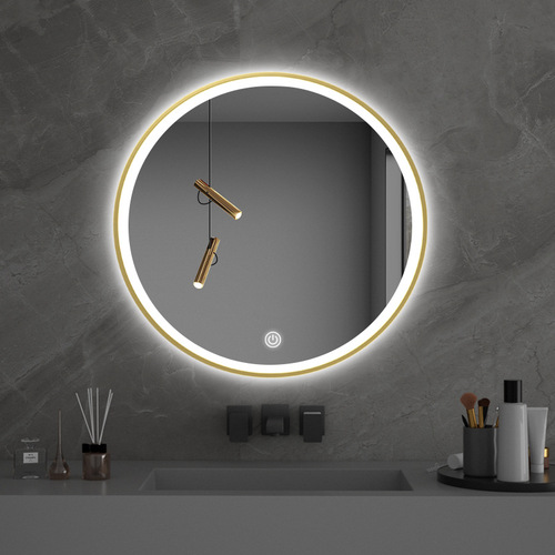 OD59 wholesale aluminum alloy frame LED light mirror wash basin wall hanging round mirror bathroom smart mirror bathroom