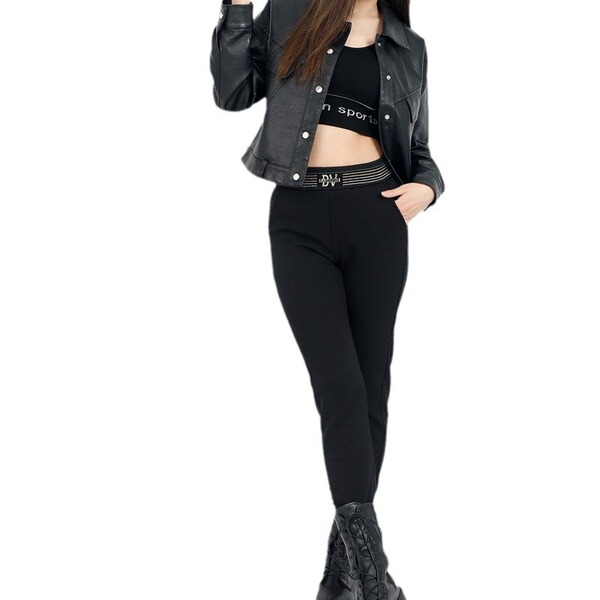 spring black warm fitted casual trousers