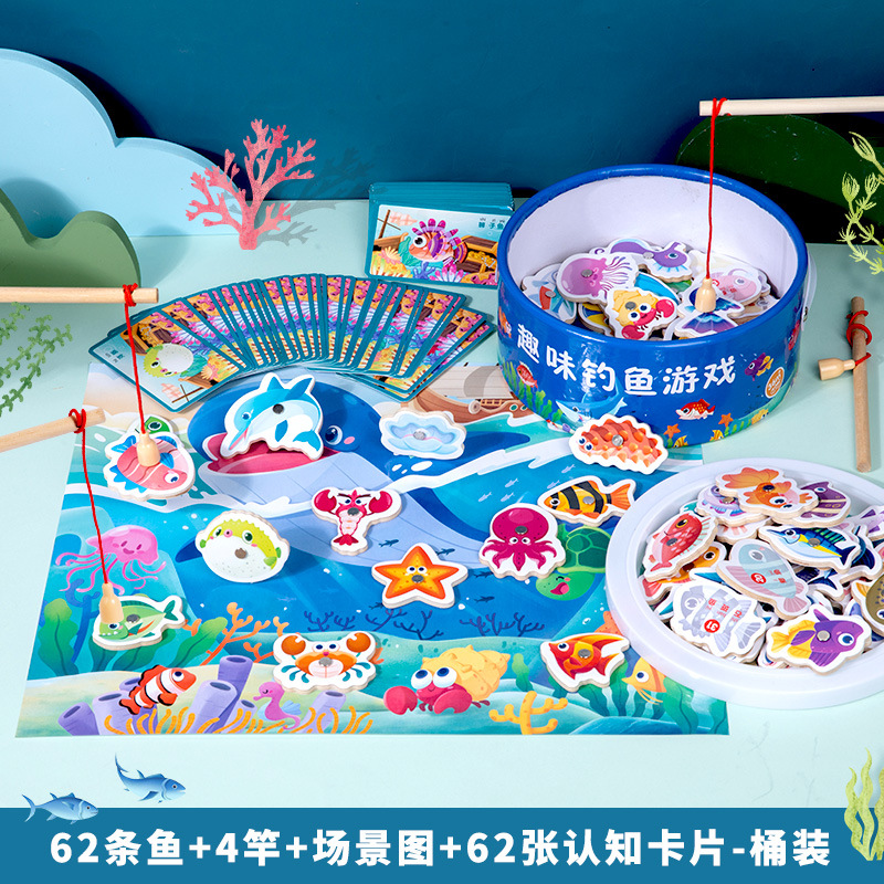 Diversión de madera barril magnético pesca marina juego de cartas juego ejercicio coordinación mano-ojo juguetes educativos