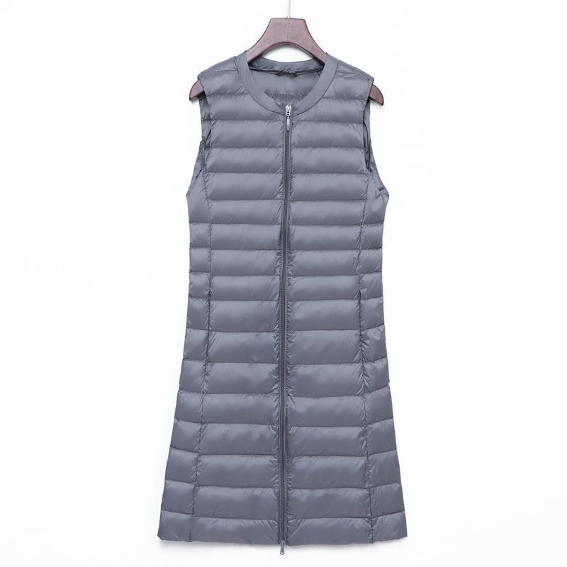 Transfronterizo otoño y invierno nuevo tipo de chaqueta de pluma de mujer ligera media y larga moda coreana con cremallera de cuello redondo calentamiento exterior