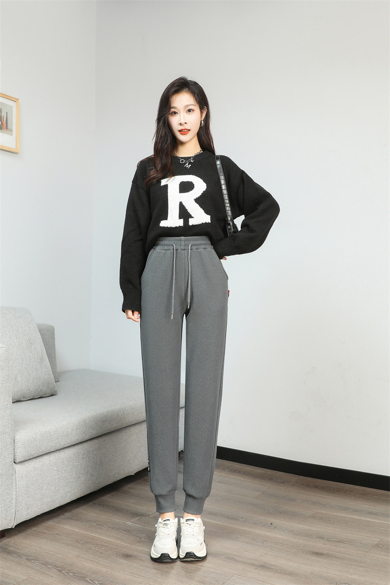 法米姿 羊羔绒运动加绒裤女新款加厚卫裤高腰显瘦束脚休闲裤哈伦