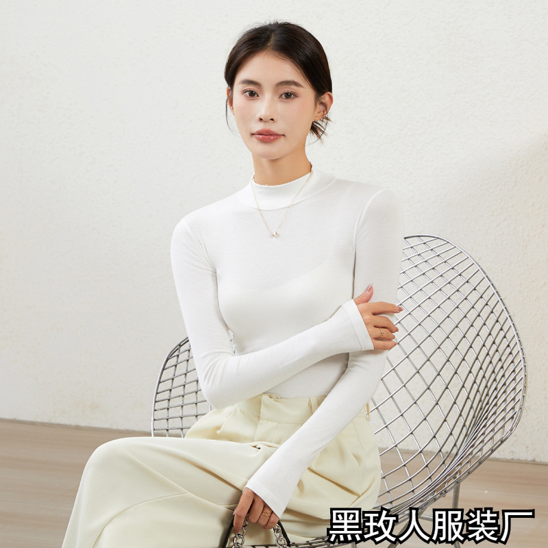 여성용 DeRong 하프 터틀넥 셔츠, 봄, 가을, 겨울, 얇은 긴팔 티셔츠, 단색 심플 탑, 슬림핏
