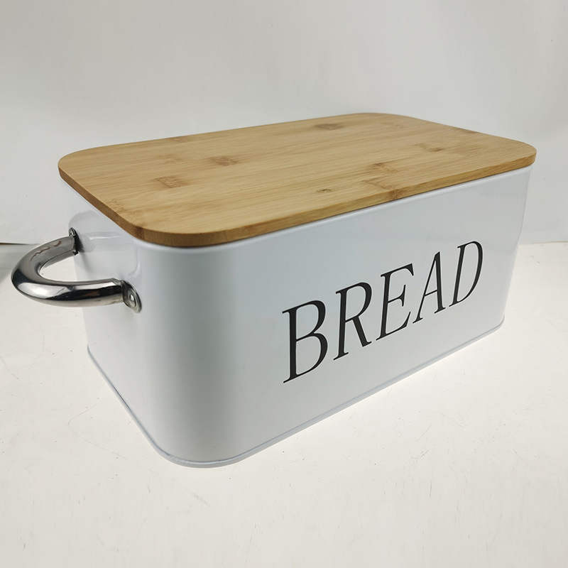 跨境竹盖面包盒家用方形金属烘焙面包箱铁质收纳箱厨房食品收纳盒