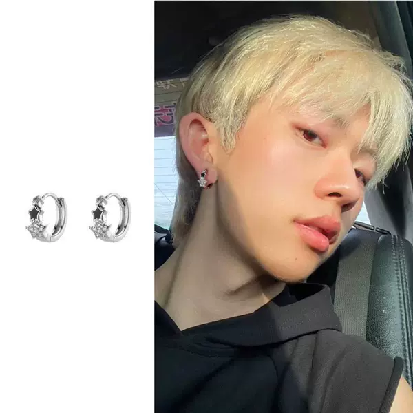Star-Striped Earrings for Men, Hip-Hop Style, Light Luxury, Niche Design, High-End Feel, Cool and Stylish Ear Studs, Cross-Border Trendy Item, Unique Ear Clips