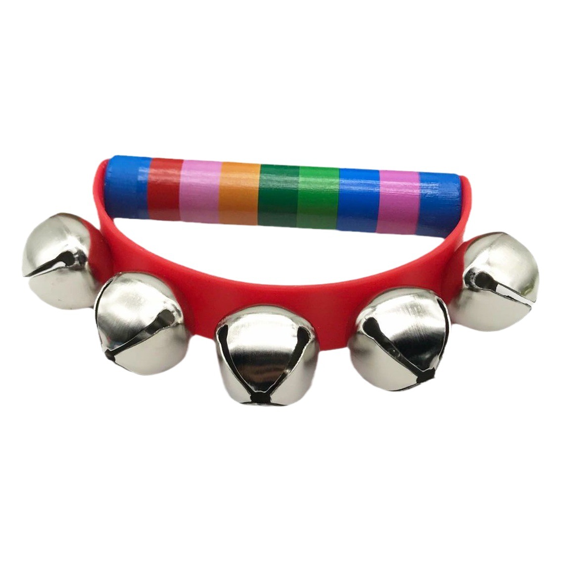 Wooden semicircle hand-held rattle hand-held rainbow colorful rattle wooden handle rattle colorful leather five-Bell early education musical instrument