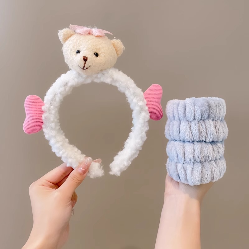 Lindo Rosa lavado de cara banda de pelo de las mujeres a prueba de humedad banda de muñeca banda de pelo absorbente de tres piezas conjunto máscara facial diadema especial