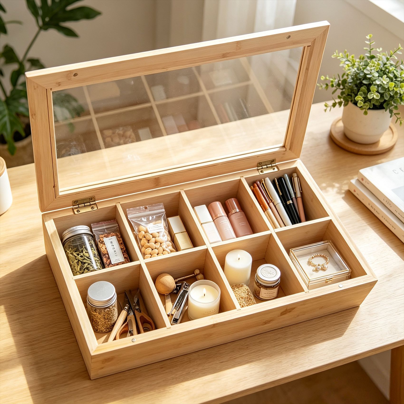Caja Organizadora de Bambú para Bolsitas de Té, Transparente, para Escritorio