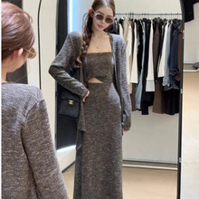 纯欲风辣妹休闲套装2025秋季新款针织抹胸上衣开衫半身长裙三件套