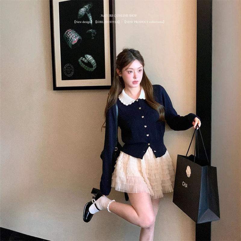 Navy Blue Contrast Color Doll Collar Knitted Cardigan for Women, Spring, Autumn, and Winter Inner Wear, 2026 New Model with Petal Design Long-Sleeve Top