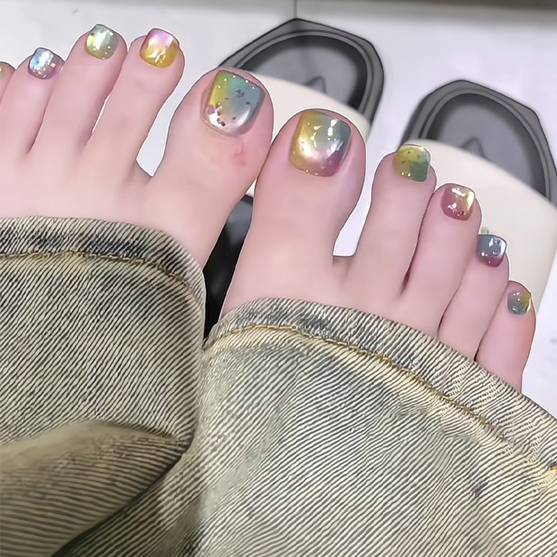 Ins Rainbow Toenail Wearable Nails Short Square Style Cat Eye Glitter Gradient Summer Vacation Toenail Manicure Wearable Nails Ins Rainbow Toenail Wearable Nails Short Square Style Cat Eye Glitter Gradient Summer Vacation Toenail Manicure Wearable Nails