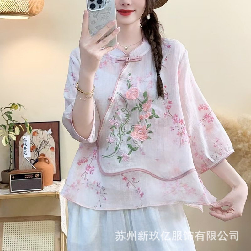 2026 Summer Short Printed Ramie Shirt for Women, Artistic Fashion Embroidered Stand Collar Chinese Style Button Loose Blouse