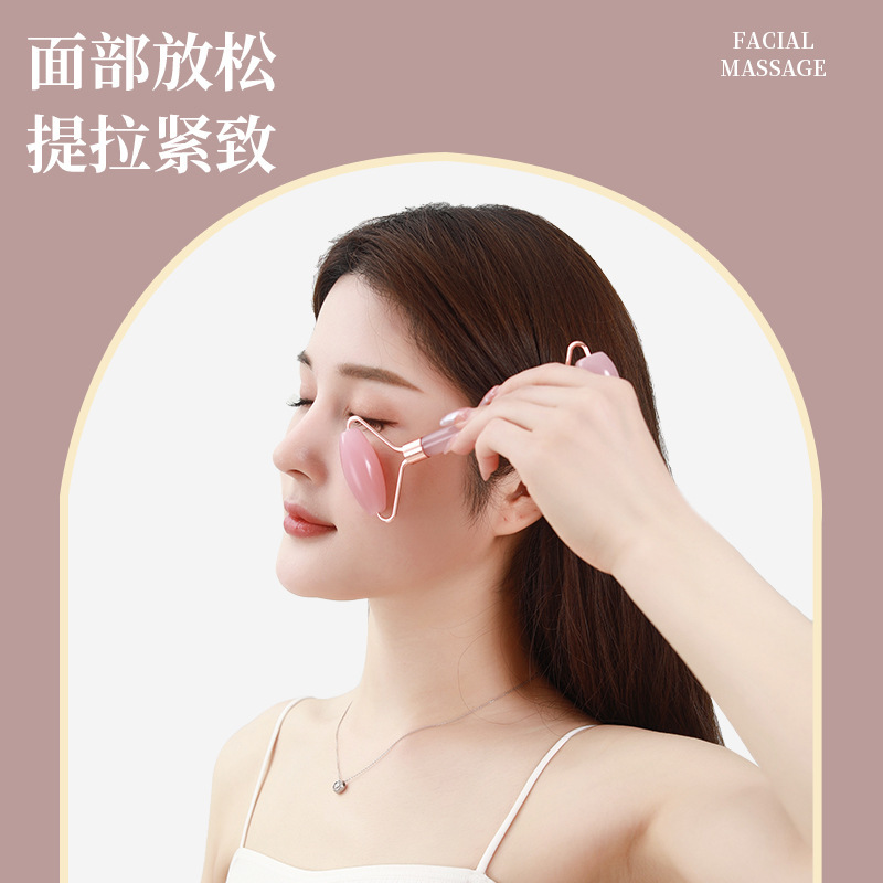 Placa de masaje de cristal de polvo en forma de corazón, masaje de rodillos de doble cabeza, masaje de lágrimas de jade, masaje facial conjunto de belleza