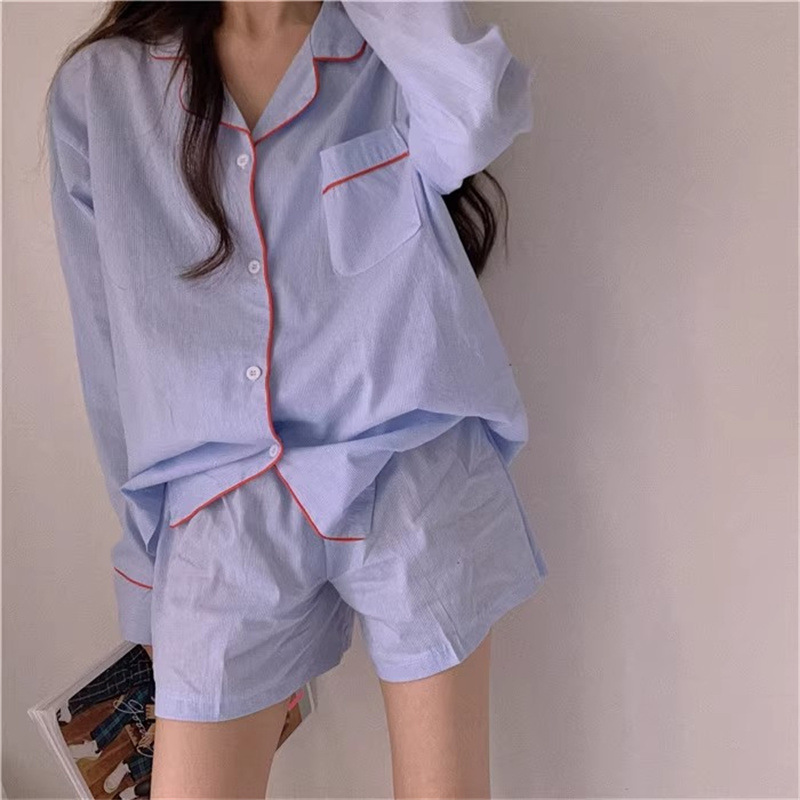 South Korea ins cardigan solid color pajamas women's long sleeve shorts casual home clothes two-piece suit foreign trade wholesale generation