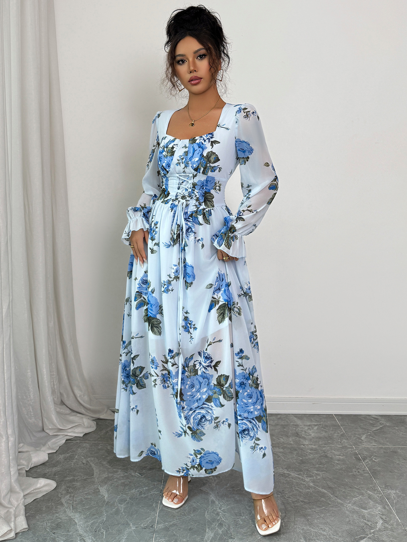 Women's Elegant Simple Printed Long Sleeve Dress Ruffled Trim Autumn Winter Fashion Offering Both Style And Comfort_ecoleips.com