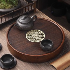家用胡桃色储水式茶盘圆形茶托盘简约家居百搭茶台干泡盘蓄水式