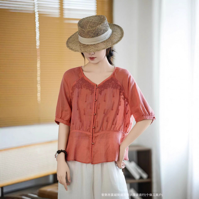 Ramie T-Shirt for Women 2026 Summer New Style V-Neck Cardigan Top Embroidered Breathable Cool Short-Sleeved Loose Shirt Ramie T-Shirt for Women 2026 Summer New Style V-Neck Cardigan Top Embroidered Breathable Cool Short-Sleeved Loose Shirt