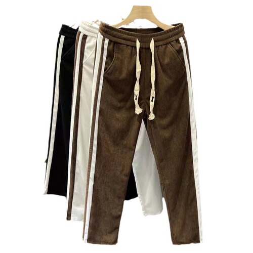 Men's Velour Track Pants for Autumn/Winter, Street Style, Draped, Trendy Brand, Straight Leg, Versatile Striped Casual Long Pants
