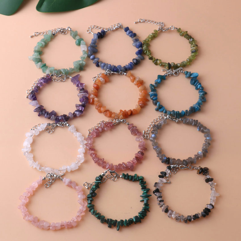 Cross-border Natural Crystal Irregular Gravel Bracelet Strawberry Crystal Powder Amethyst Green Dongling Lobster Chain Bracelet