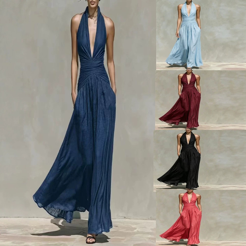 Exclusively for Export: European and American Style Sexy Halter Deep V-Neck Dress, Waist-Cinching, Slimming, Large Hem, Sleeveless Long Vacation Dress