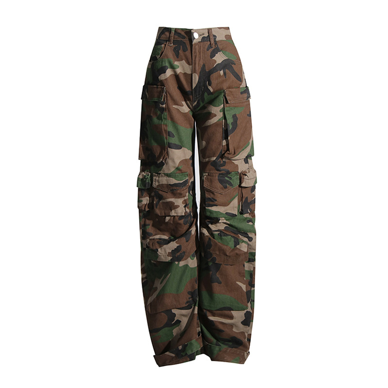 Pantalones cargo de camuflaje estilo 2025 con múltiples bolsillos, estilo urbano moderno, jeans largos de cintura alta y efecto adelgazante para mujer, otoño.