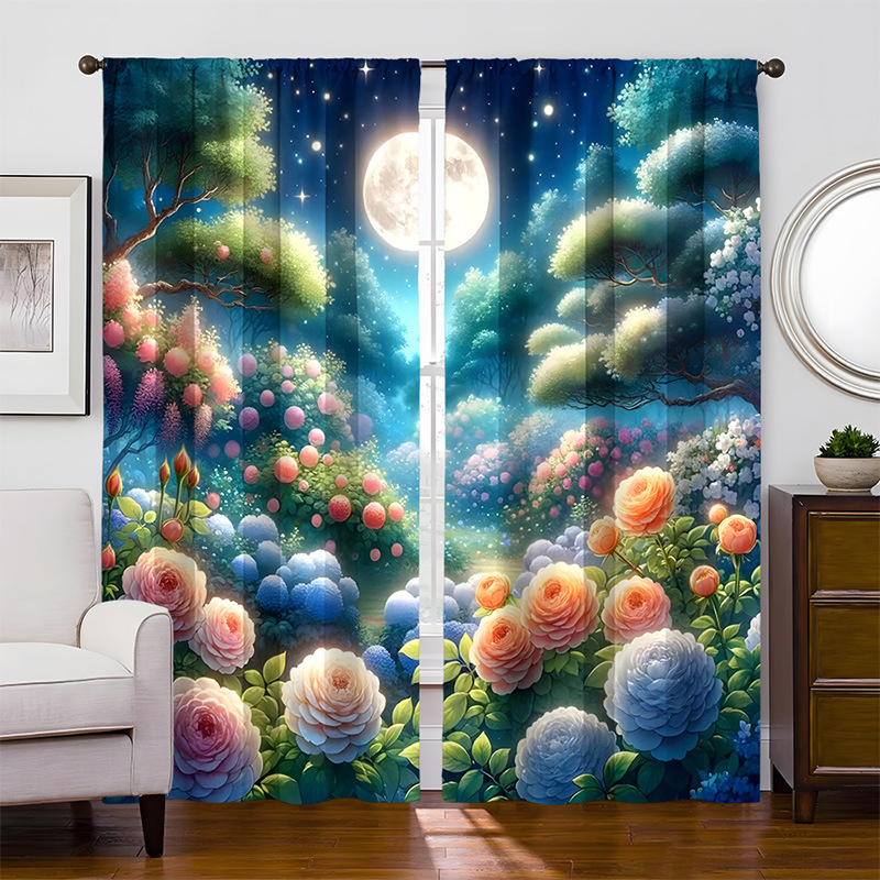2PCs factory supply cross-border platform flower front Moonlight series pattern home decoration curtain 3D digital printing fabric window