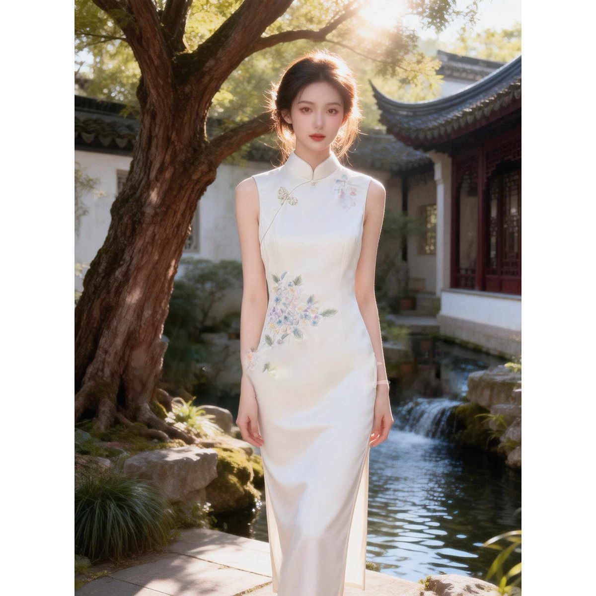 Summer elegant white fitted cheongsam sleevless
