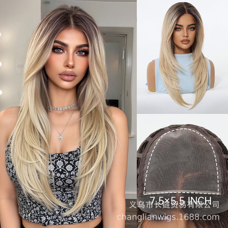 New Mono Wig Imported Silk Split Seam Free Wig Long Curly Hair Female Golden Top Dyed Natural and Realistic Fashion