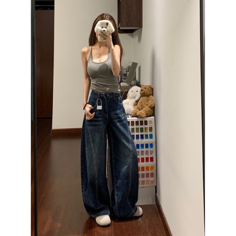 美式复古高街弯刀阔腿牛仔裤女春秋新款高腰垂感显瘦百搭拖地裤子|undefined