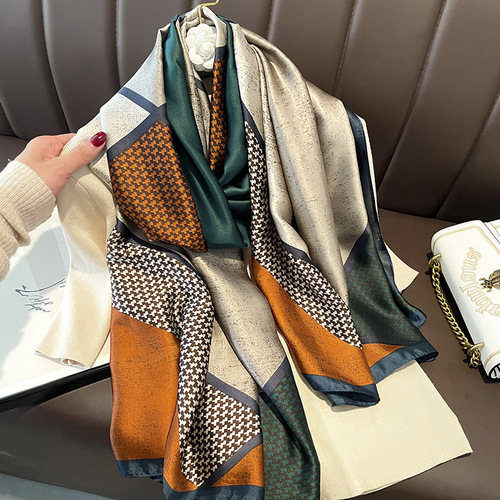 Spring and Summer Korean Style Quilting Striped Satin Silk Scarf for Women, Travel Sun Protection Shawl Beach Scarf