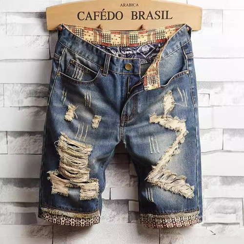 Japanese retro distressed casual brand ripped jeans shorts men's five-inch mid-length pants vagabond loose straight tube trend pants 