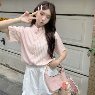 粉色条纹拼接衬衫女2026夏季薄款别致设计感短袖少女彩色纽扣上衣