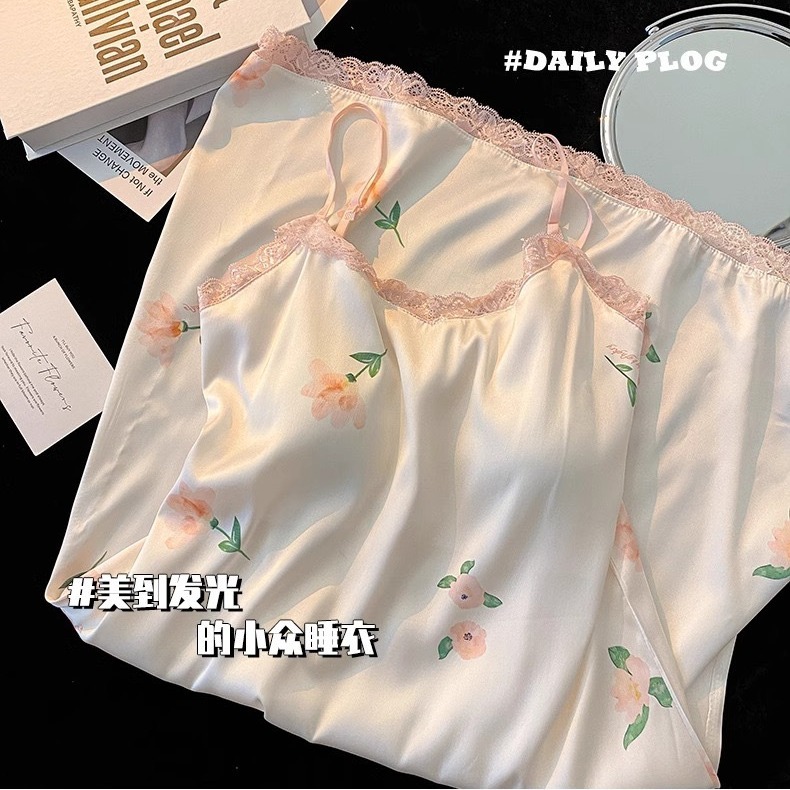Verano seda imitación vestido de dormir vestido de mujer dulce flor encantadora textura simple de alta calidad vestido de dormir vestido de cabello