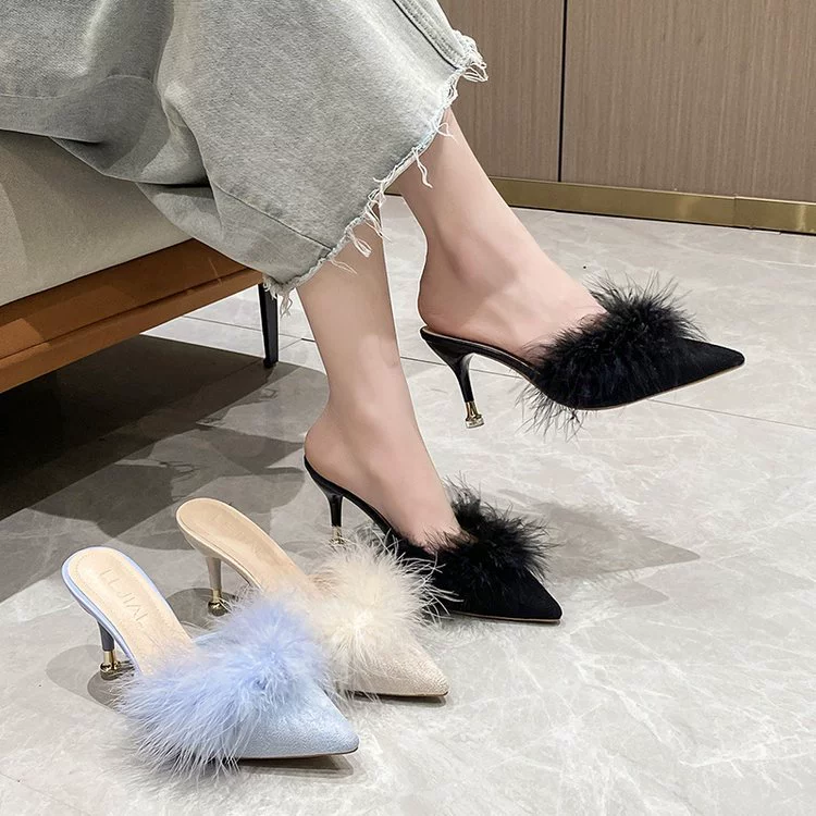 Тапочки большого размера на высоком каблуке, экспортные туфли на шпильке, меховые тапочки на высоком каблуке с острым носком, женская верхняя одежда, элитные босоножки с полутапочками