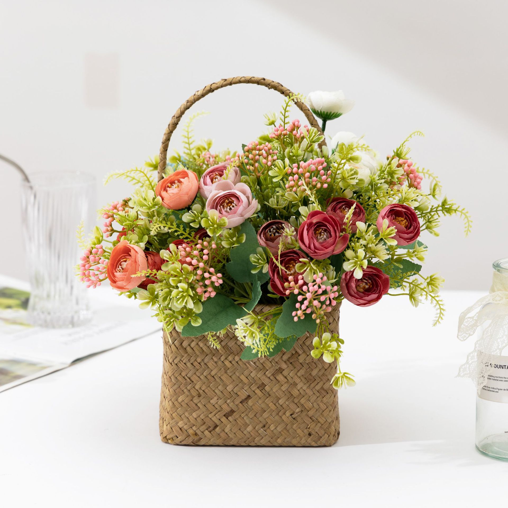 跨境仿真綠植裝飾 仿真花7叉茶苞假花批發家居擺件攝影道具