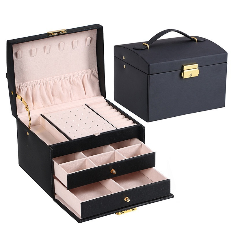 Caja Organizadora de Joyas de 3 Capas de Cuero con Cajón y Cierre