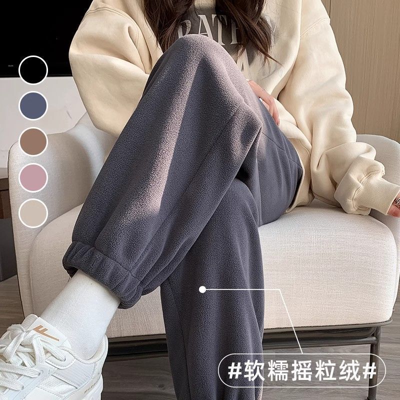 dark gray fleece-lined Sports Pants Women's Autumn and Winter Thickened Outer Wear Casual Small Warm Cotton Pants Fleece Pants