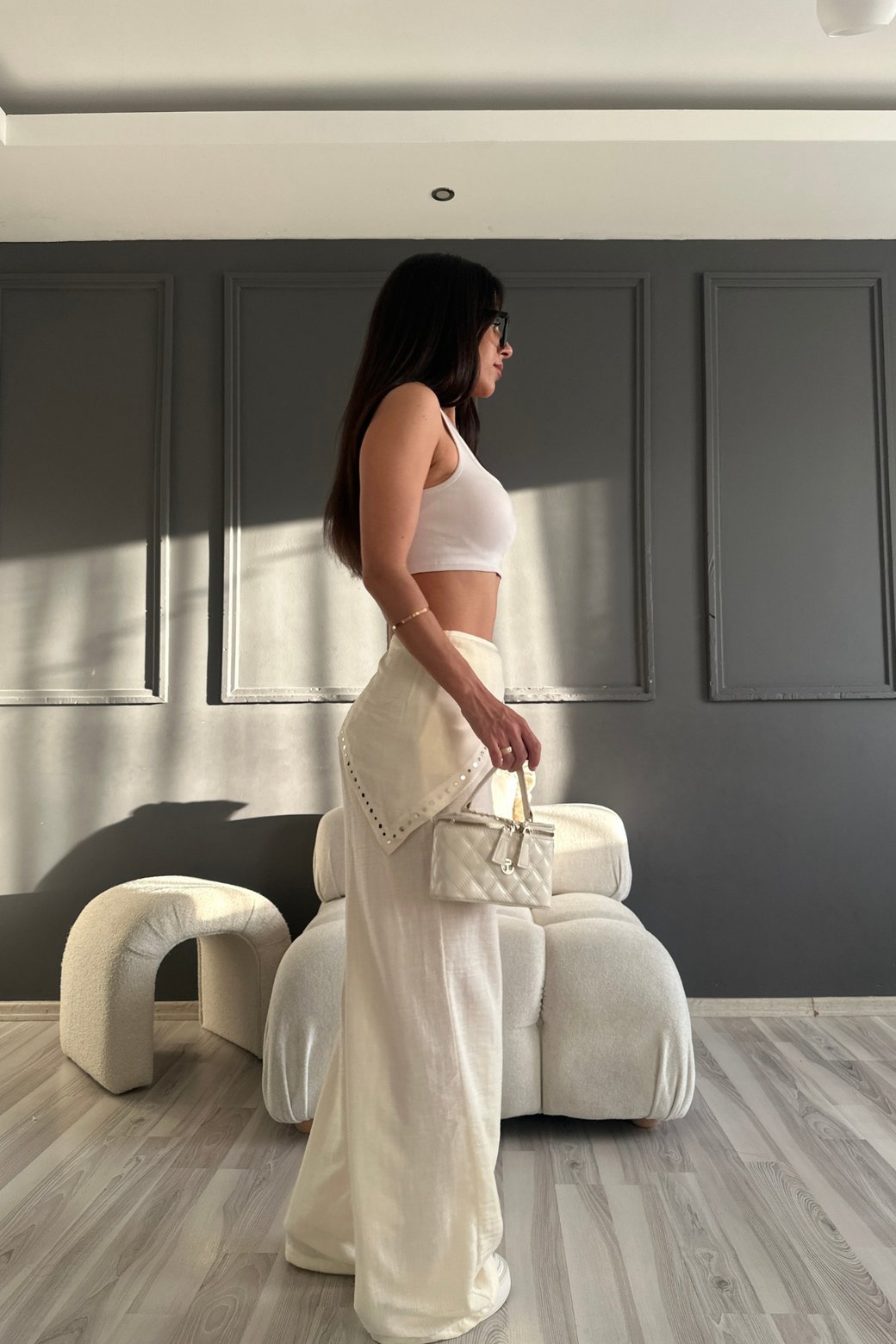 Women's High-Waisted Wide-Leg Linen-Look Pants With Rhinestone Detail | Loose Fit Summer Casual Trousers_ecoleips.com