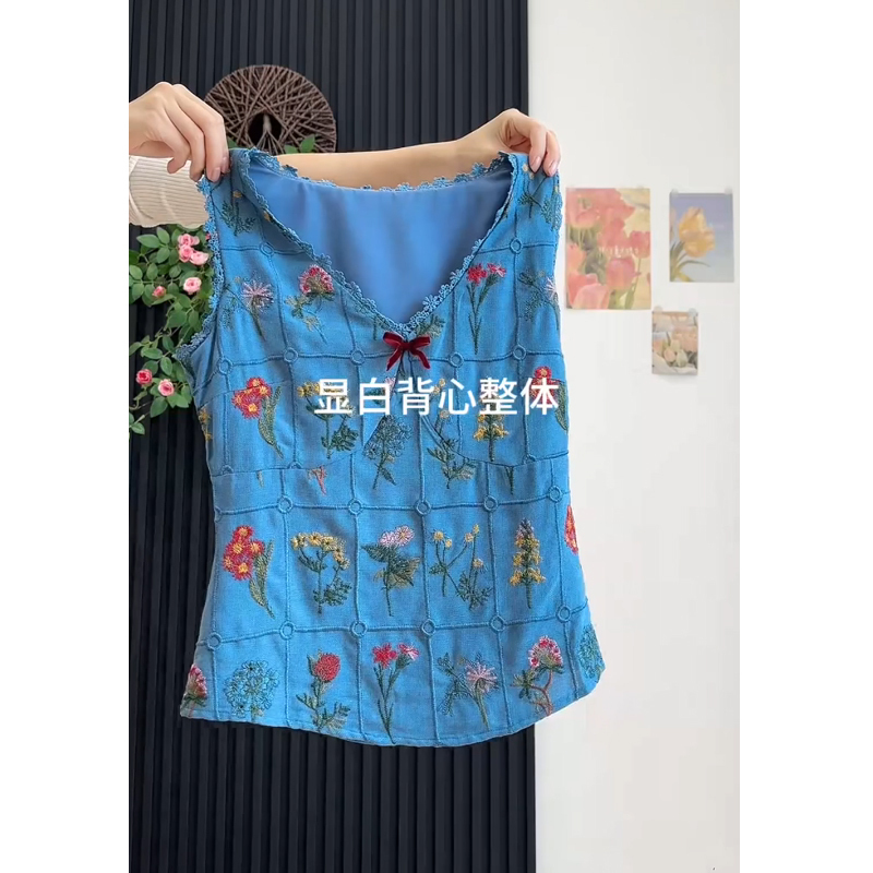 French Romantic Embroidered Floral Sleeveless Vest Shirt for Women Summer Fishing Line Slim Waist Shirt Sweet Hot Girl Shirt