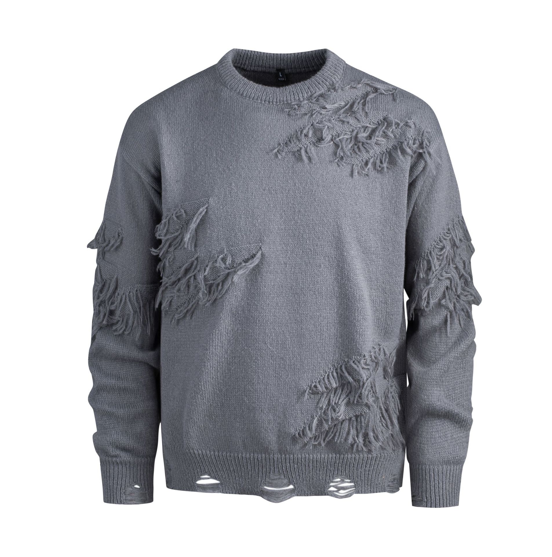 Men's Distressed Knit Sweater Oversized Casual Crewneck Pullover With Slit Hem Trendy Fashion Trends_voghion.com