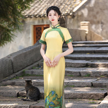 2024新款高端优雅走秀旗袍万里江山图复古长款舞台年会长款演出服