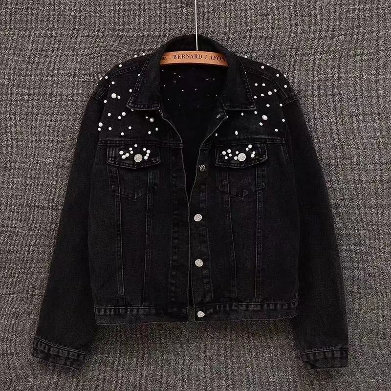 Women's Denim Jacket With Pearl Embellishments, Short Length, Plus Size, Stylish And Comfortable For Casual Wear - Black, White, Sky Blue_voghion.com