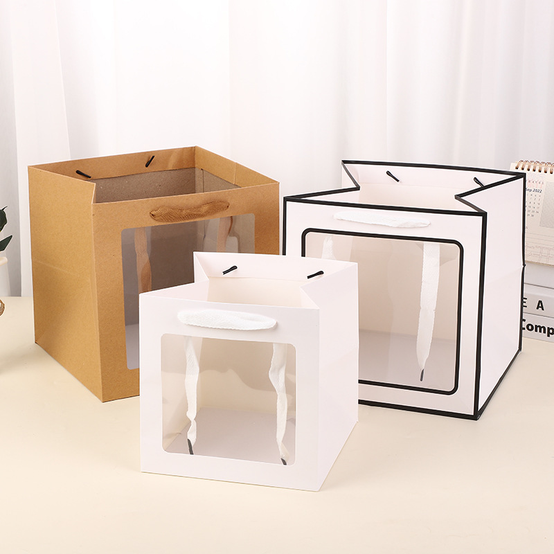 Bolsa de embalaje cuadrada engrosada flores boda bolsa de regalo de fondo ancho ventana transparente bolsa de regalo portátil bolsa de papel al por mayor