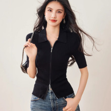 G8040黑色拉链修身天猫女装工厂上衣女短袖T恤打底衫气质通勤夏季