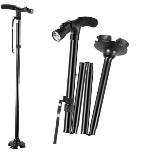 Folding aluminum alloy crutches with lights, four-legged crutches for the elderly, multifunctional telescopic four-corner crutches