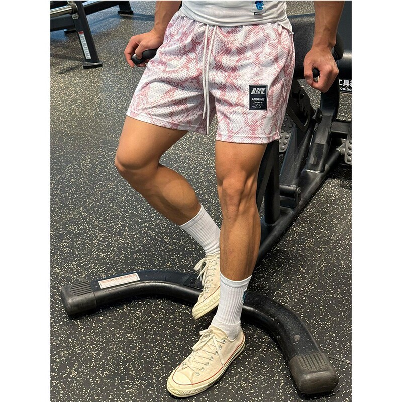 American Python Pattern Basketball Quarter Pants Men's Summer Mesh Breathable Sweat-Wicking Sports Training Loose Knee-Length Shorts