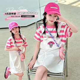 女童美乐蒂背带裙2024年中大儿童夏季时髦假两件套粉色假两件裙子