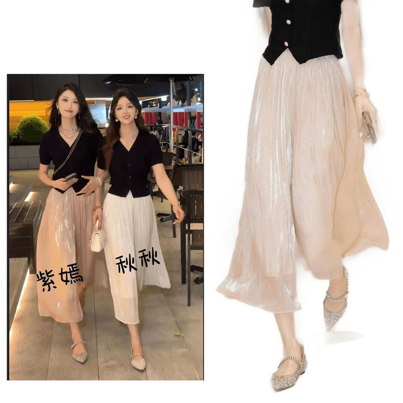 2025 Glazed Gold Silk Pants Lazy Style Wide Leg Pants Women's High Waist Slim Look Culottes Loose Long Streamers Pants