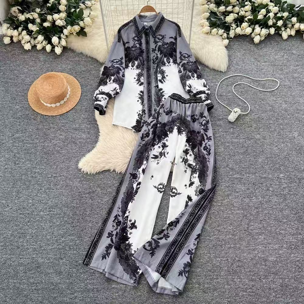 Women's European Style Chic Printed Shirt And Pants Set Casual Long Sleeve Loose Fit High Waist Wide Leg Straight Pants Autumn Wear_ecoleips.com