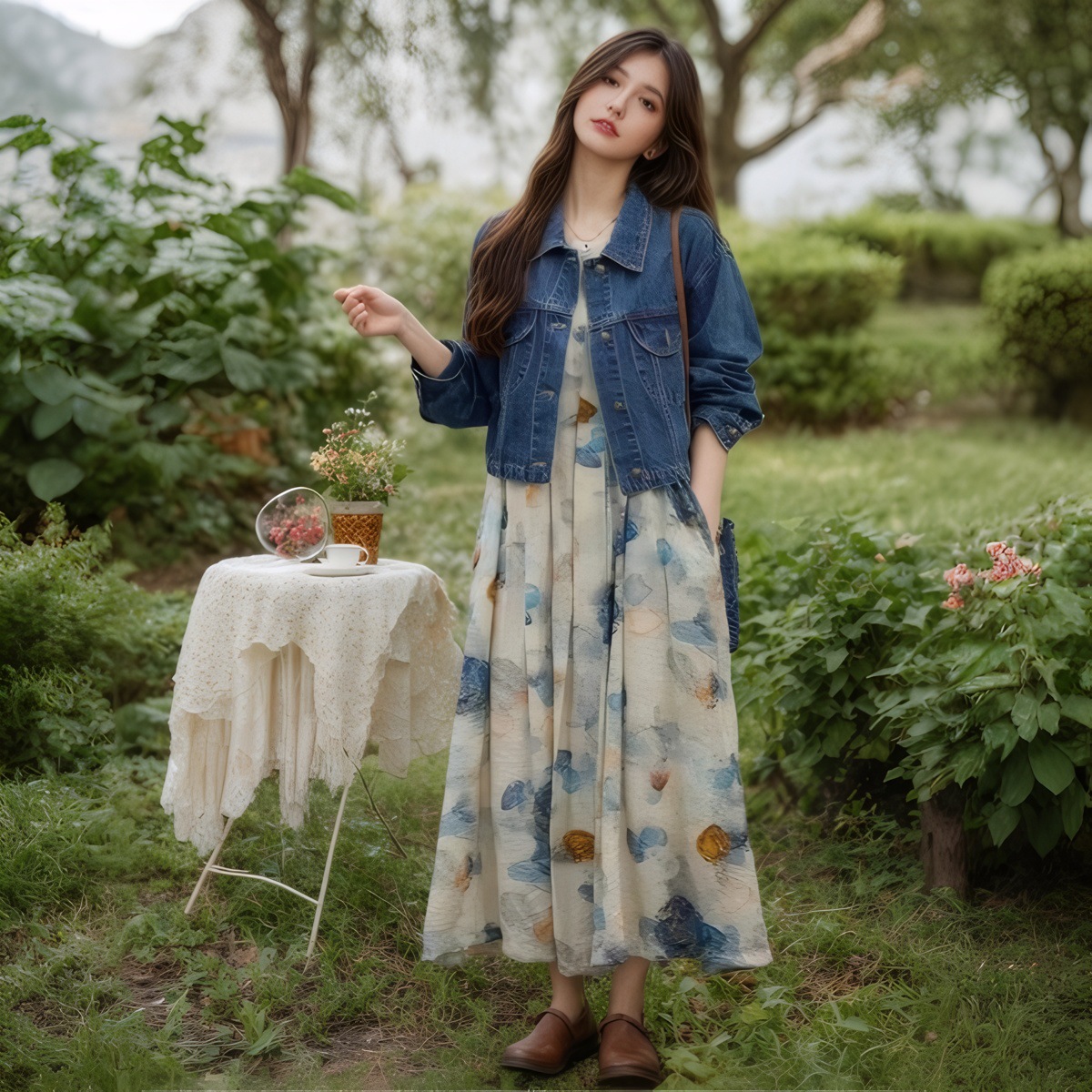 Bộ đồ hai mảnh áo khoác denim và váy hoa mùa hè — áo khoác denim chi tiết 3